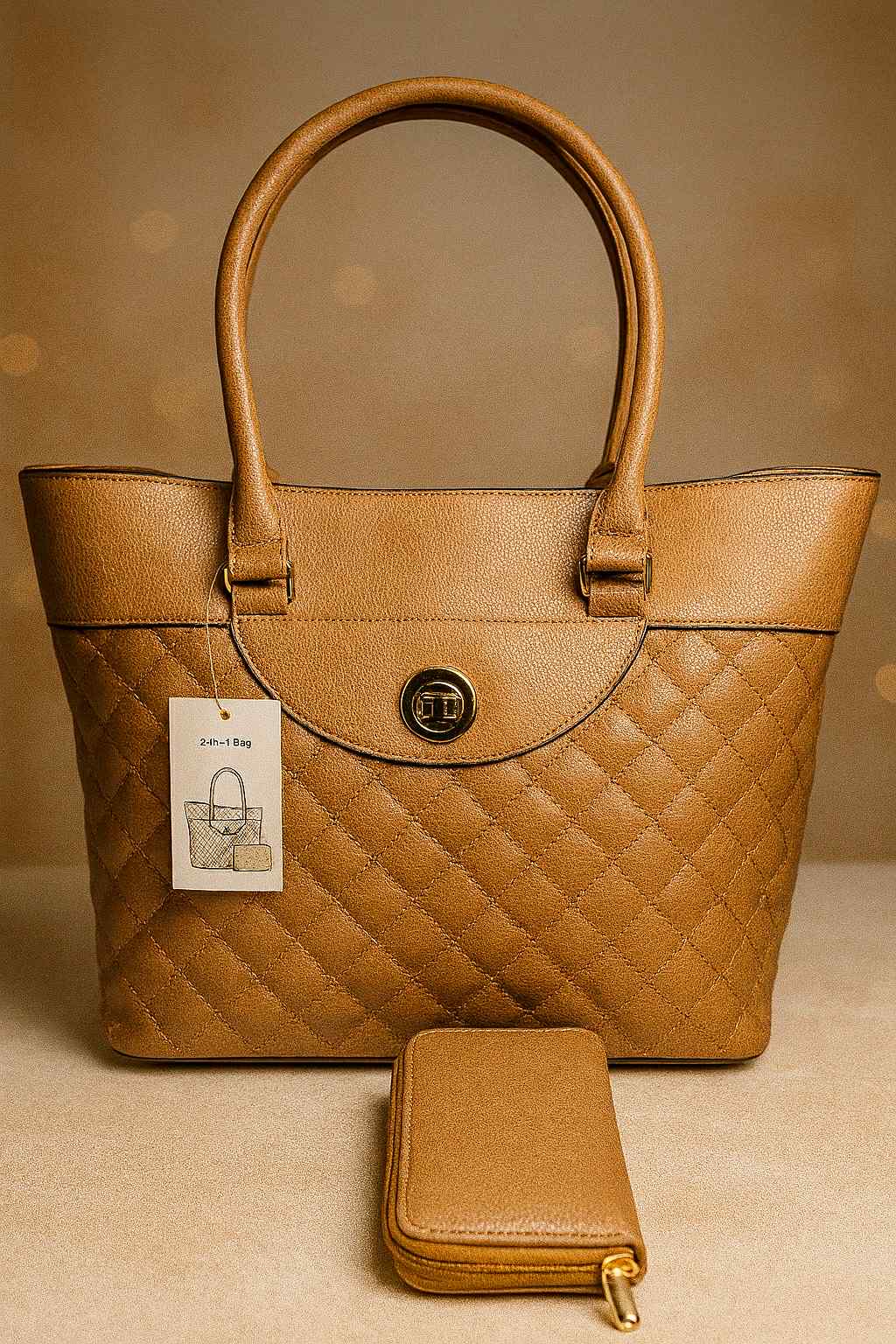 2-in-1 camel tote bag with padded texture and gold closure