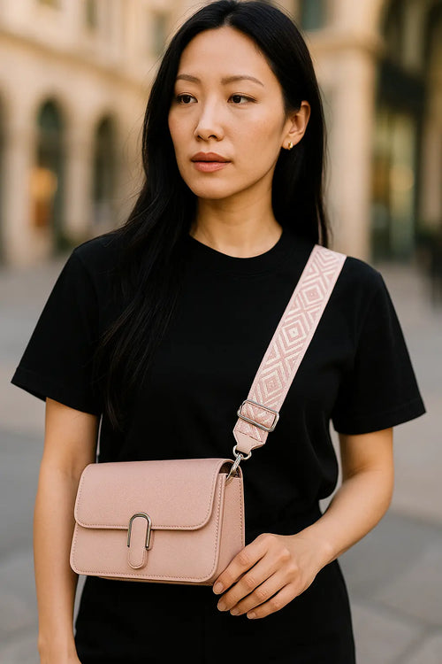 Bolso Cruzado Rosado con Correa Étnica Rosado y Blanco FGA HOME
